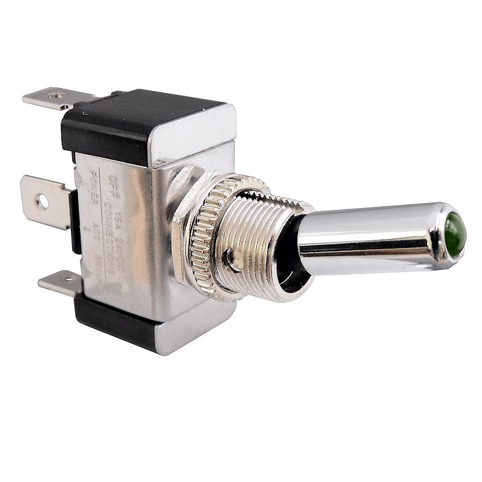 Heavy Duty Green LED Illuminated On/Off Metal Toggle Switch  -  SH38