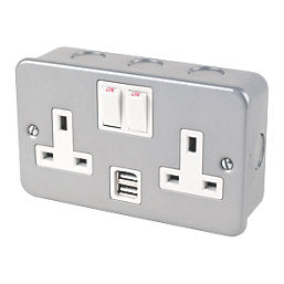 13A 2-Gang DP Switched Metal Clad Socket + 2.1A 2-Outlet Type A USB With White Inserts  -  8009J